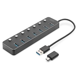 DIGITUS USB Hub - 7 Ports - USB 3.0 - Up to 5 Gbit/s - Ports Individually Switchable - Includes USB-A to USB-C Adapter - Plug & Play - Aluminium Housing - Dark Grey