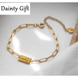 DAINTY Women Girl Titanium Stainless Steel Gold Lucky Bar Paperclip Chain Bracelet 6-8"
