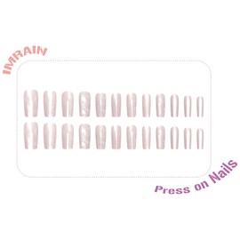 IMRAIN Press on Nails Medium Square Fake Nails Pink White Marble Acrylic False Nails with Cat's Eye Design Full Cover Glue on Nails Glossy Cute Artificial Squoval Nail Supplies 24Pcs