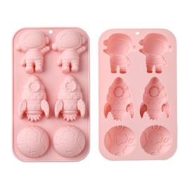 Stiesy - 2 moldes de silicona rosados con temática espacial, astronautas, cohetes, para decoración de pasteles, magdalenas, galletas