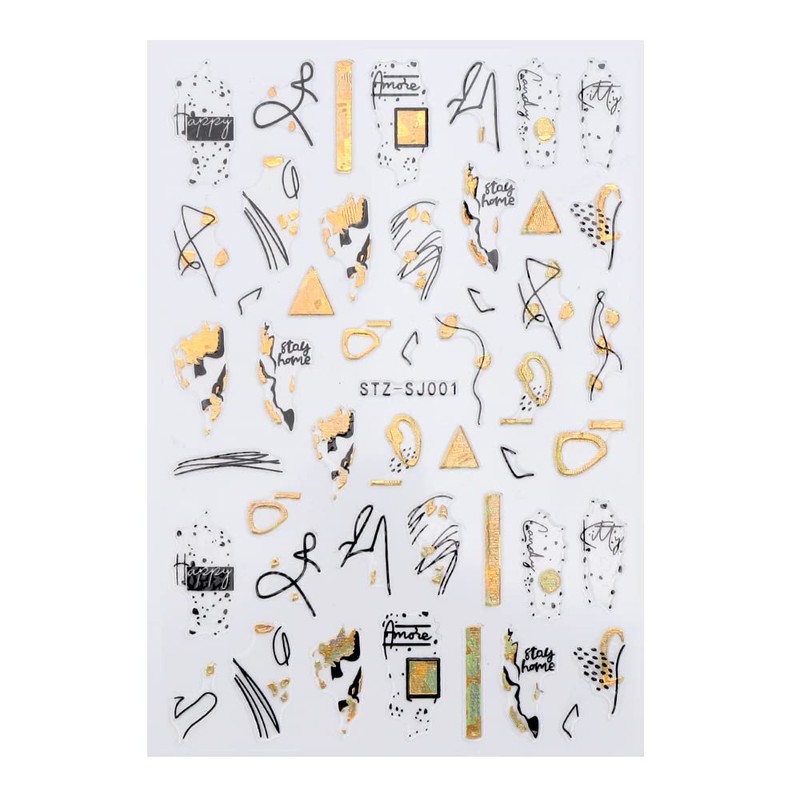 LANODO 2038 Nail Stickers, 9 Pieces, 3D, Black, Gold, Art,