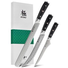 KYOKU 3pc Kitchen Knife Set, Samurai Series 6.5" Boning Knife 12" Slicing Knife 10" Butcher Knife Set, High Carbon Steel Japanese Knives with Pakkawood Handle Sheath for Meat Fruit Vegetable