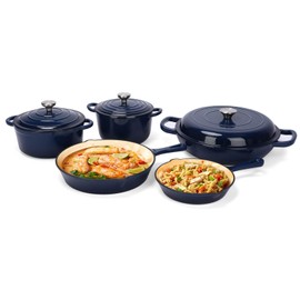 Hisencn Enameled Cast Iron Cookware Set, 8 Piece of Casserole, Dutch Ovens, Skillet and 3 Lids, Ceramic Coated Cast Iron Dutch Oven Set, Gas/Induction Compatible, PFA Free, with Pan Rack, Navy