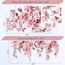 VePret Burgundy Red Plants Leaves Wall Decals Peel and Stick, Large Floral Flowers Vinyl Wall Stickers, Removable Vine Home Decor Art for Bedroom Living Room Classroom Office