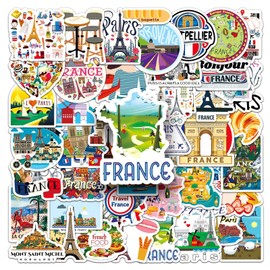France Stickers 50 Pcs Vinyl Funny Retro Travel Sticker for Laptop Scrapbook Water Bottle Luggage Skateboard Helmet Computer Car Bike,Waterproof Cartoon France Style Stickers for Girls Adults Kids