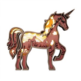 3D Wooden Animals Carving LED Night Light, Wood Carved Lamp Modern Festival Decoration Home Decor Desktop Desk Table Living Room Bedroom Office Farmhouse Shelf Statues Perfect Gifts (Unicorn)