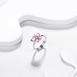 Pink Butterfly Rings Women 925 Sterling Silver Animal Butterflies October Birthstone Tourmaline Band Adjustable Ring Crystal Wedding Birthday Jewelry DR0122O