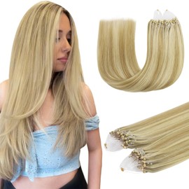 DOORES Micro Bead Hair Extensions, Real Hair, Light Blonde Highlighted Golden Blonde, 55 cm, 50 g/50s, Invisible Hair Extensions, Real Hair