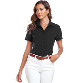 Atnlewhi Womens Button Down Shirts Short Sleeve Business Collared Work Office Formal Casual Blouse Tops Black