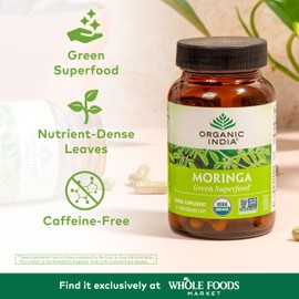 ORGANIC INDIA Moringa Capsules Organic - Moringa Supplement - Green Superfood, Moringa Leaf Capsules, Pure Supergreen, Vegan Greens, Nature's Multivitamin, Vegan, Gluten-Free - 60 Capsules