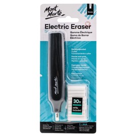 Mont Marte Borrador eléctrico, incluye 30 recambios de goma de borrar. Apto para uso con lápices de grafito y lápices de colores.