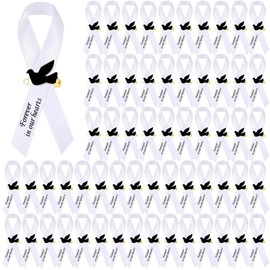 50 Pcs Dove Funeral Ribbons Memorial Ribbon Funeral Pins Classic Memorial Service Respect Ribbon Bow with Safety Pins and Dove for Mourning Remembrance Day Event(White)