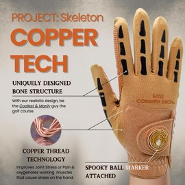 XEIRPRO Copper Tech Plus Men's Golf Gloves - Skeleton Pattern with Ball Marker – Perfect for Summer - Copper Infused Mens Golf Gloves (Brown/Black, ML/L, Right)