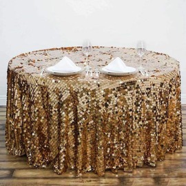 MO Distributing Sequin Round Tablecloth 120" Big Payette Gold Premium Quality Wedding Birthday Christmas Party Hall Decoration