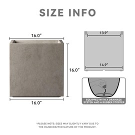 Kante 16 Inch Square Concrete Planter for Outdoor Indoor Home Patio Garden, Large Plant Pot with Drainage Hole and Rubber Plug, Weathered Concrete