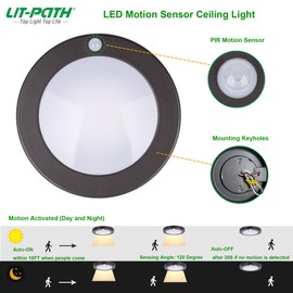 LIT-PaTH LED Flush Mount Ceiling Light, Closet Lighting Fixture with Motion Sensor, 10.5W, 700 Lumen, 6.2 Inch, Anti-Rust Galvanized Housing, Bronze Finish 3000K 1-Pack