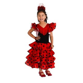 AMARU SANCHESU Girls Flamingo or Sevillana Dance Dress, Red, taupe, black, 6 Years