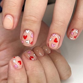 24 Pcs Valentine Press on Nails Heart Press on Nails Short RIICFDD Square Fake Nails with Pure Color Designs Glue on Nails Full Cover Graffiti Heart False Nails Stick on Nails for Women Cute Nails