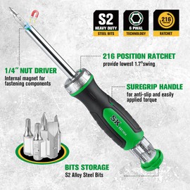 SK 7-in-1 Ratcheting Screwdriver, 216-P, 6 Bits (Phillips, Star, Slotted), 1 Nut Driver Size (1/4 Inch), S2 Steel, SureGrip Handle