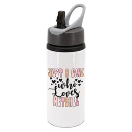 Pastel pinks/orange text and black text with hearts, just a girl who loves netball water bottle with handle, drinks cup, water cup, drinks bottle, hydrate, water, sports, ball sports