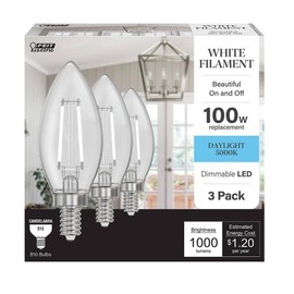 100-Watt Equivalent B10 E12 Candelabra Dim White Filament Clear Glass Chandelier LED Light Bulb Daylight 5000K - 3-Pack