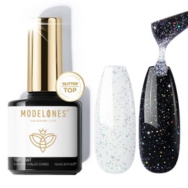 modelones- Capa superior de gel con purpurina, esmalte en gel con purpurina iridiscente plateada, capa superior sin necesidad de limpieza, acabado... 