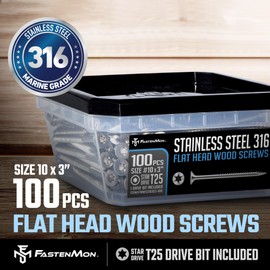 FM FastenMon #10 x 3 Marine Grade Type 316 Stainless Steel Wood Screws - 100 Pack with T25 Bit – Torx Flat Head Type 17 Point Ideal for Decks, Fences, and Coastal Construction