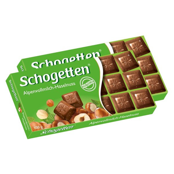 Schogetten Alpine Milk Chocolate with Hazelnuts Bar Candy Original German Chocolate 100g/3.52oz (Pack of 2)