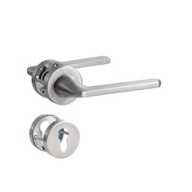 SORWDUERM Door Handle Silver Door Handle Set Matte Brushed Stainless Steel Door Handle for Front Door and Interior Door L Shape Round Rosette PZ Profile Cylinder