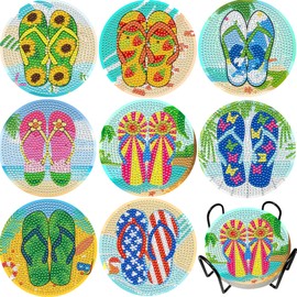 JeCuiK 8Pcs Diamond Painting Coasters Flip Flops DIY Diamond Art Coasters with Holder Diamond Coasters Funny Diamond Painting Kits for Adults Beginner Art Crafts Supplies