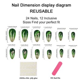 Kabwea Grüner Glitzer-Press-on-Nägel, mittelgroße mandelförmige Kunstnägel mit Pilz und Blatt，Press on Nails, Nägel zum Aufkleben