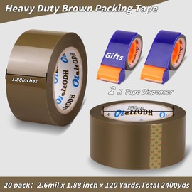 20 Rolls Brown Packing Tape with Dispenser, 1.88" X 120 yd Shipping Tape Bulk, Total 2400 yards, 2.6 mil, 3" Core, Tan Packing Tape Refills, Carton Sealing Tape for Moving Boxes, Package, Mailing