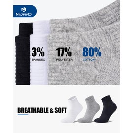 Niofind Mens Sports Quarter Socks 3 Pairs 9-12, 3-5, 6-9, 12-15, Ankle Socks White, Black, Grey， 6-9， White