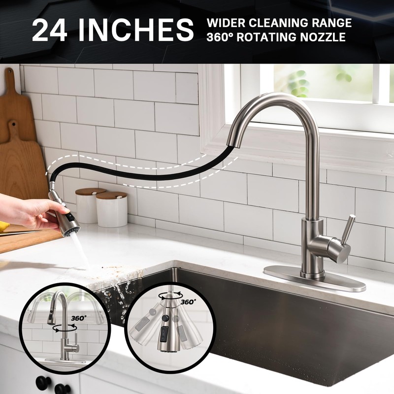 WEWE Kitchen Faucet with Pull Down Sprayer, Brushed Nickel Kitchen