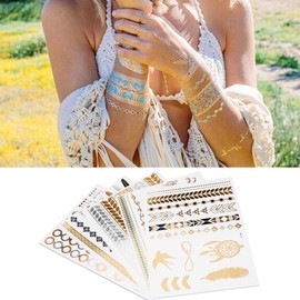 5pcs Tatuajes Temporales De Oro, Mixta Metálico Dorado Plata Colorido Patrón, Temporal Desechable Tatuaje Pegatinas Tatuajes Temporales Personalizados
