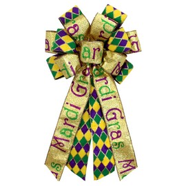 Anshome Large Mardi Gras Bow for Wreath, 20 * 11inch Green Purple Metallic Glitter Wreath Bow Carnival Festival Diamond Decorative Bow for New Orleans Fat Tuesday Home Outdoor Indoor Party