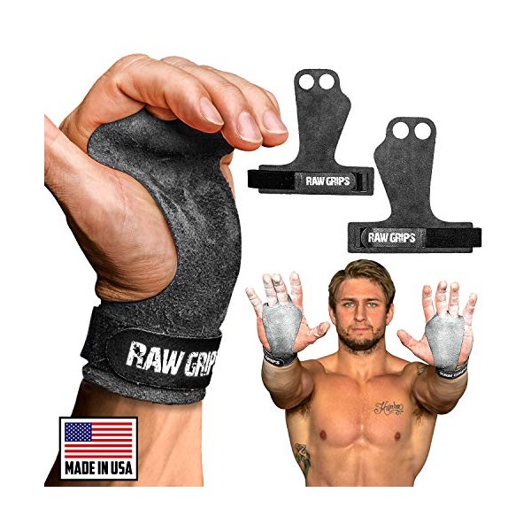 JerkFit RAW Grips 2 Finger Leather Hand Grips for Weightlifting, Calisthenics, Pull Ups, WODs, Gymnastics, and Cross Training, with Full Palm Protection to Prevent Rips & Blisters (Small)