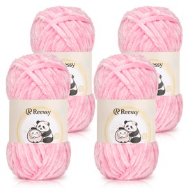 Reessy Chenille Yarn 400g(4×100g), Super Soft Chunky Wool Set, Thick Yarn for Crochet and Knitting Clothes, Handbag, Blankets, DIY- Ideal for Beginners Adults(Pink)