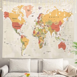 Shrahala World Map Tapestry Wall Hanging for Kids Student, Vintage Colorful Map Usa Geography Africa Europe Educational Tapestry for School Classroom Dorm Room Bedroom 59.1"L x 82.7"W,Red Yellow Beige