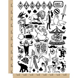 Circus Carnival Clowns Temporary Tattoo Water Resistant Fake Body Art Set Collection - Black (One Sheet)