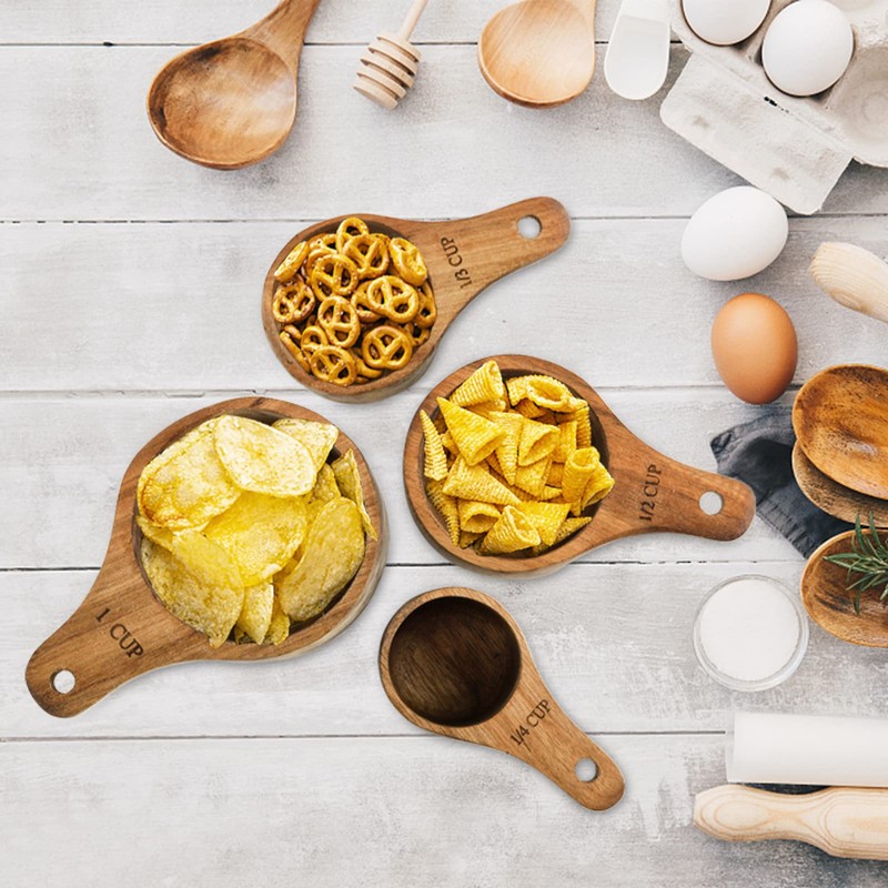 Lyellfe Set of 4 Acacia Wood Measuring Cups, Stackable Kitchen