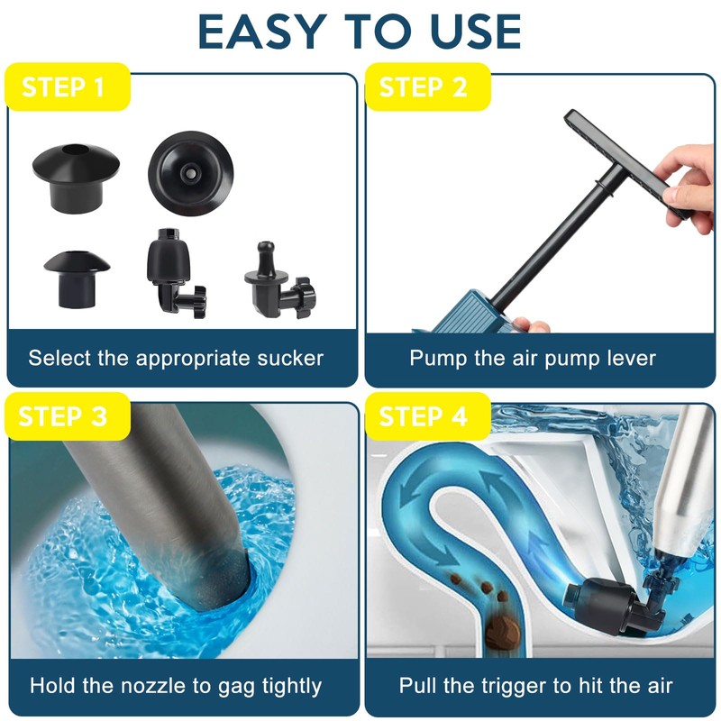 Toilet Plunger Set, Drain Clog Remover Tools High Pressure Air
