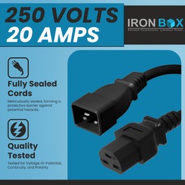 IronBox Electric - Heavy-Duty C20 to C21 Power Cable - 20A, 250V, 12/3 AWG - IEC 60320 Computer Power Supply Extension Cord - PSU Wire Connectors - UL Listed C20 Plug to C21 Connector(Black, 12 Foot)