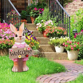 WONDHOME 22" Solar Large Rabbit Statue Garden Decor Resin Standing Bunny Statue with Welcome Sign Outdoor Bunny Decor for Porch Patio Lawn Yard Christmas Gardening Housewarming Gifts, Pink Rabbit