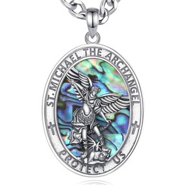 CELESTIA St. Michael Necklace for Men Women 925 Sterling Silver Arcangel Michael Pendant Protection Necklace Abalone Shell Jewelry Catholic Gifts for Men Religious Gifts for Women