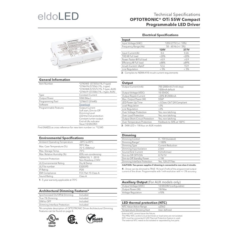 eldoLED *274A1N OPTOTRONIC 55W Constant Current 0-10V Dimmable LED Driver,