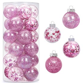 AMS 24ct Clear Christmas Ball Ornaments, 2.36''/60mm Shatterproof Hanging Xmas Balls Baubles Set for Christmas Tree with Stuffed Delicate Decorations for Wedding Christmas (Pink)