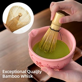 Matcha Whisk Set Pink,Cute Ceramic Matcha Kit Includes Matcha Bowl,Bamboo Whisk and Holder, Scoop Rest,Sifter and Tea Towel,Mini Matcha Can,Gifts and Ceremony Set for Macha Lovers.(Pink)