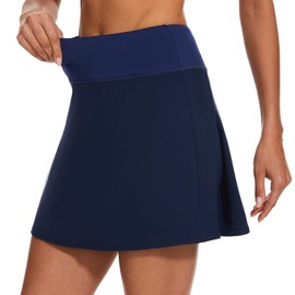 M MOTEEPI 16" Pleated Tennis Skirt with Shorts High Waisted Athletic Skirt Back Zip Pocket Tennis Athletic Skort Navy Blue Medium