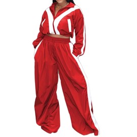 Women 2 Piece Workout Sets Zip Up Striped Windbreaker Jacket Long Pant Tracksuit Oversized Sweatsuit Fall Outfits Red M